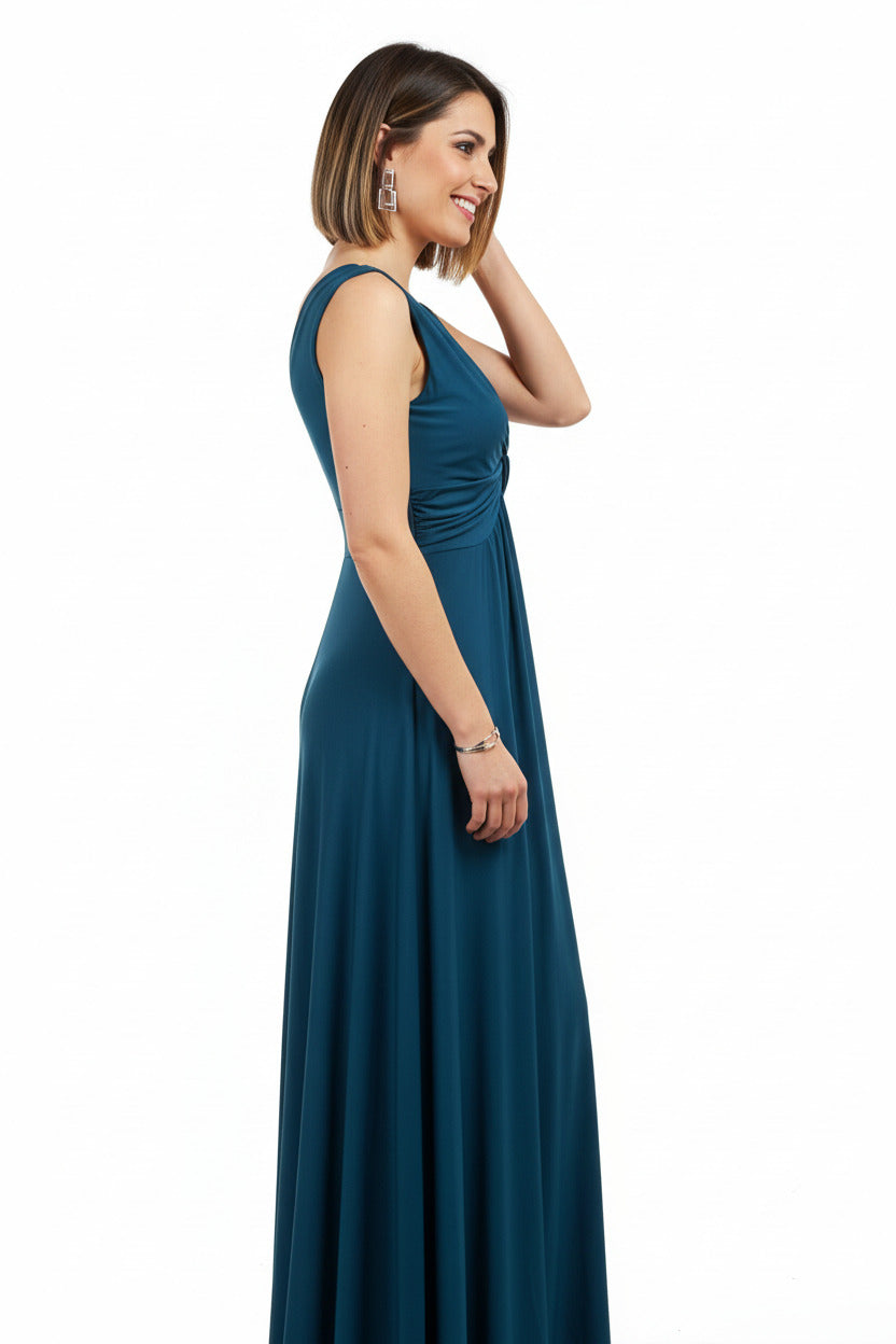 lateral vestido de fiesta largo escote pico con nudo verde azulado