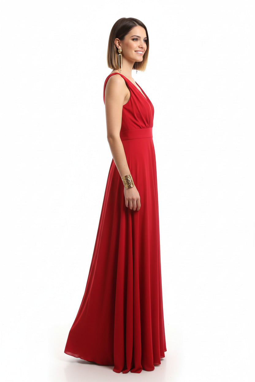 lateral vestido de fiesta largo para eventos escote pico color rojo