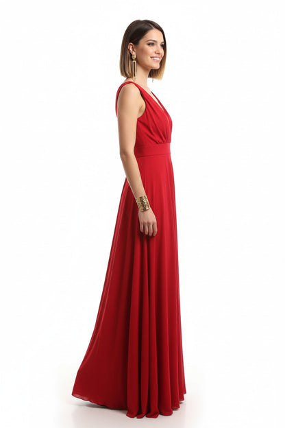 lateral vestido de fiesta largo para eventos escote pico color rojo