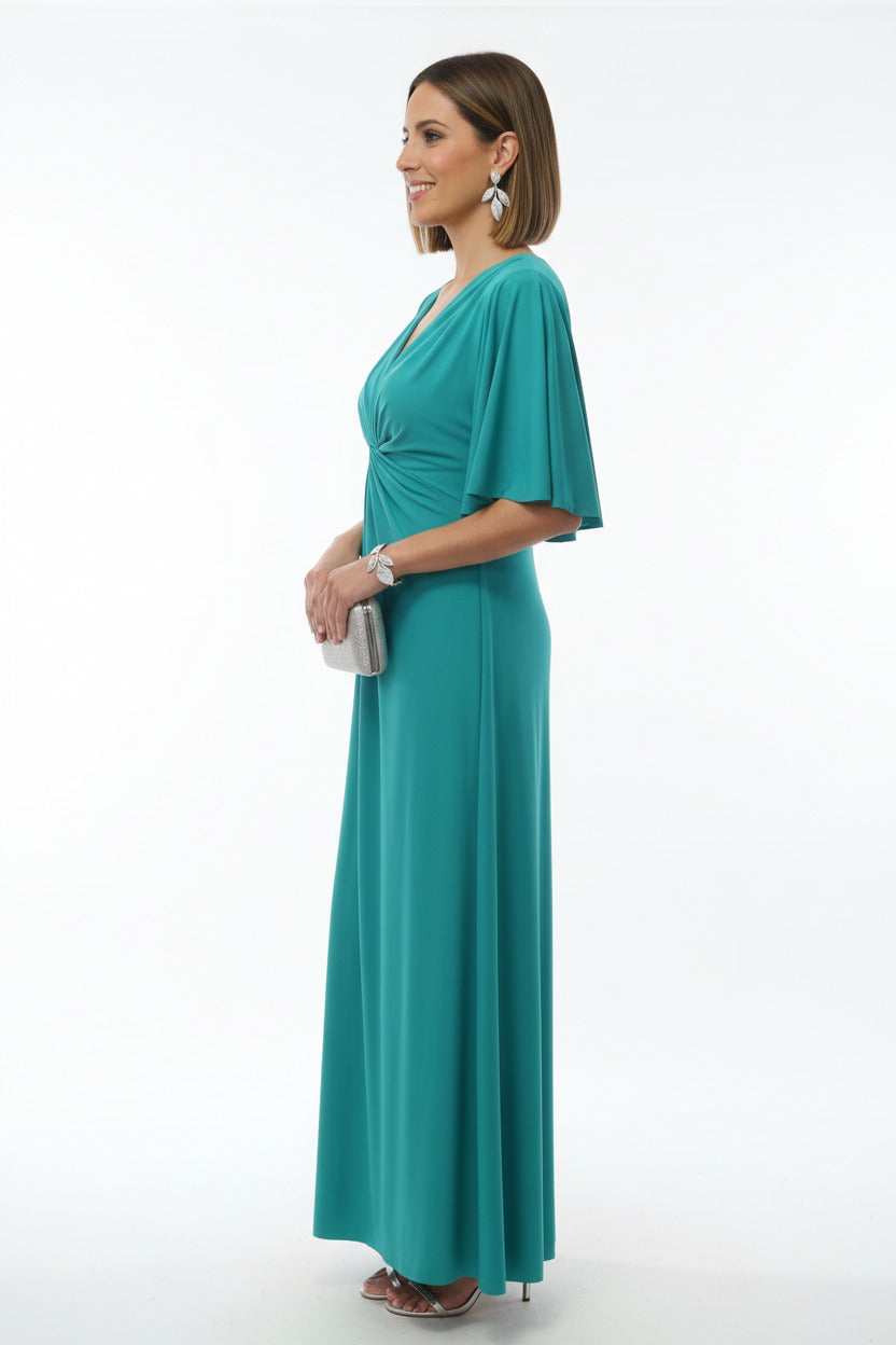 lateral vestido de fiesta largo turquesa con manga corta y nudo cruzado en el escote 