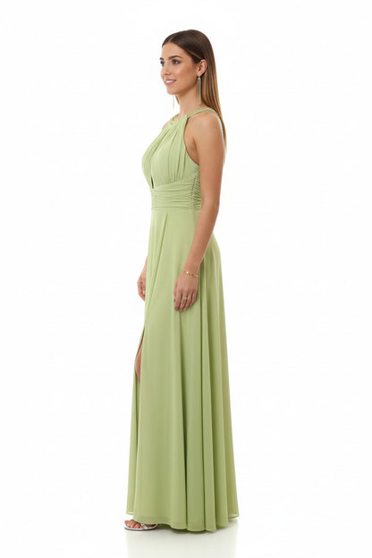 lateral  vestido de fiesta largo con escote halter y pedreria verde lima