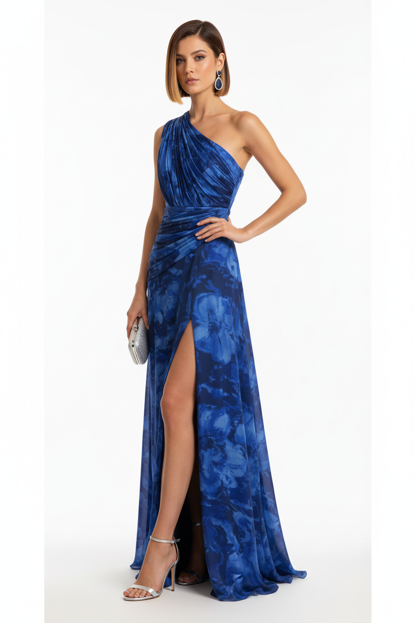 Vestido de fiesta estampado Xian - Escote asimétrico