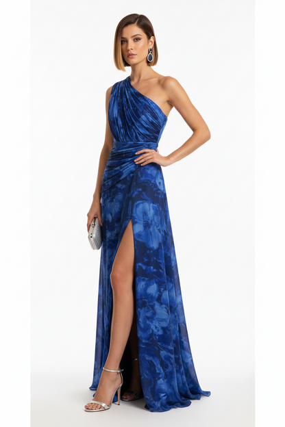 Vestido de fiesta estampado Xian - Escote asimétrico