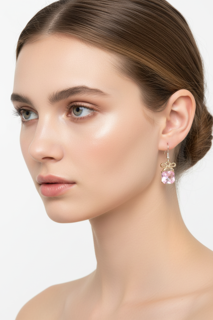 Modelo europea con pendientes rosa pequeños