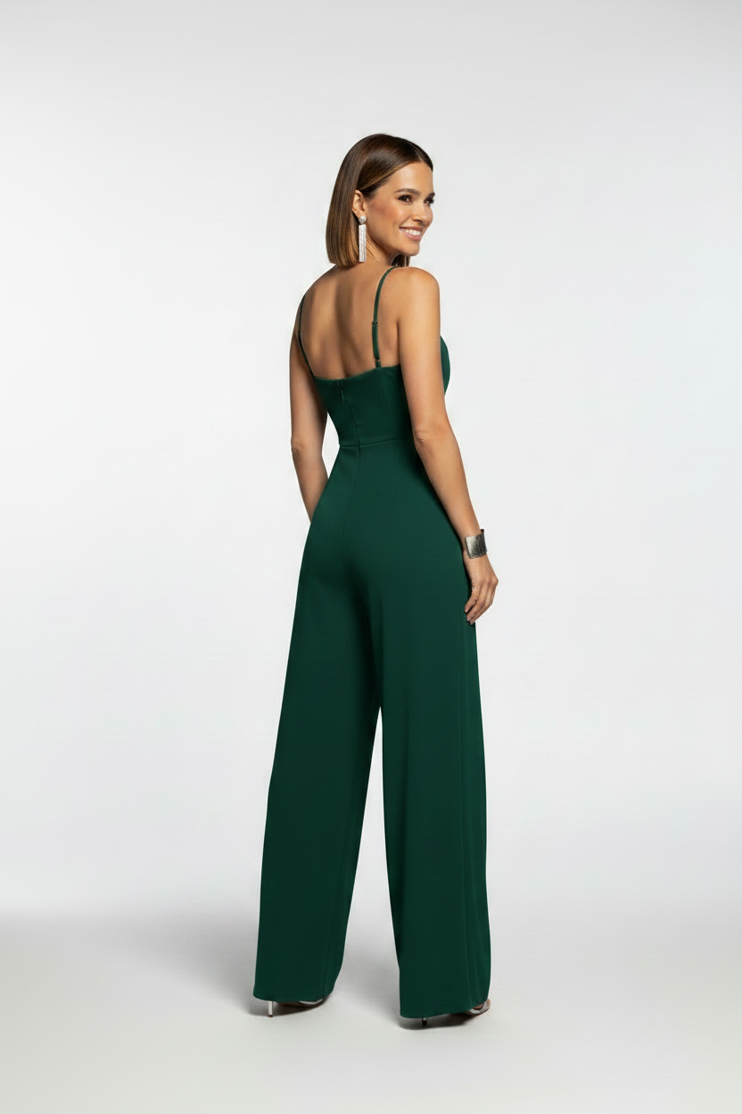 espalda mono de fiesta juvenil con pantalón con abertura verde oscuro