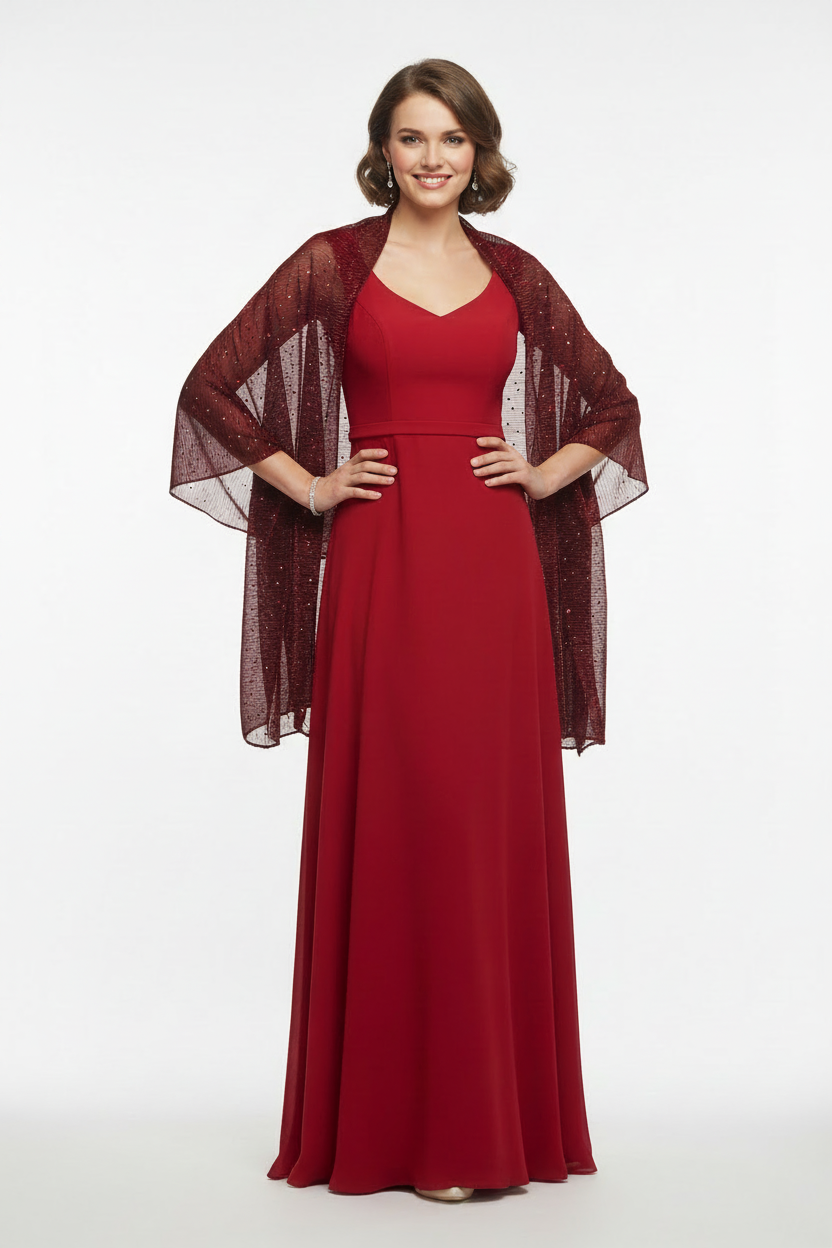 Modelo sonriente vestido granate con chal burdeos