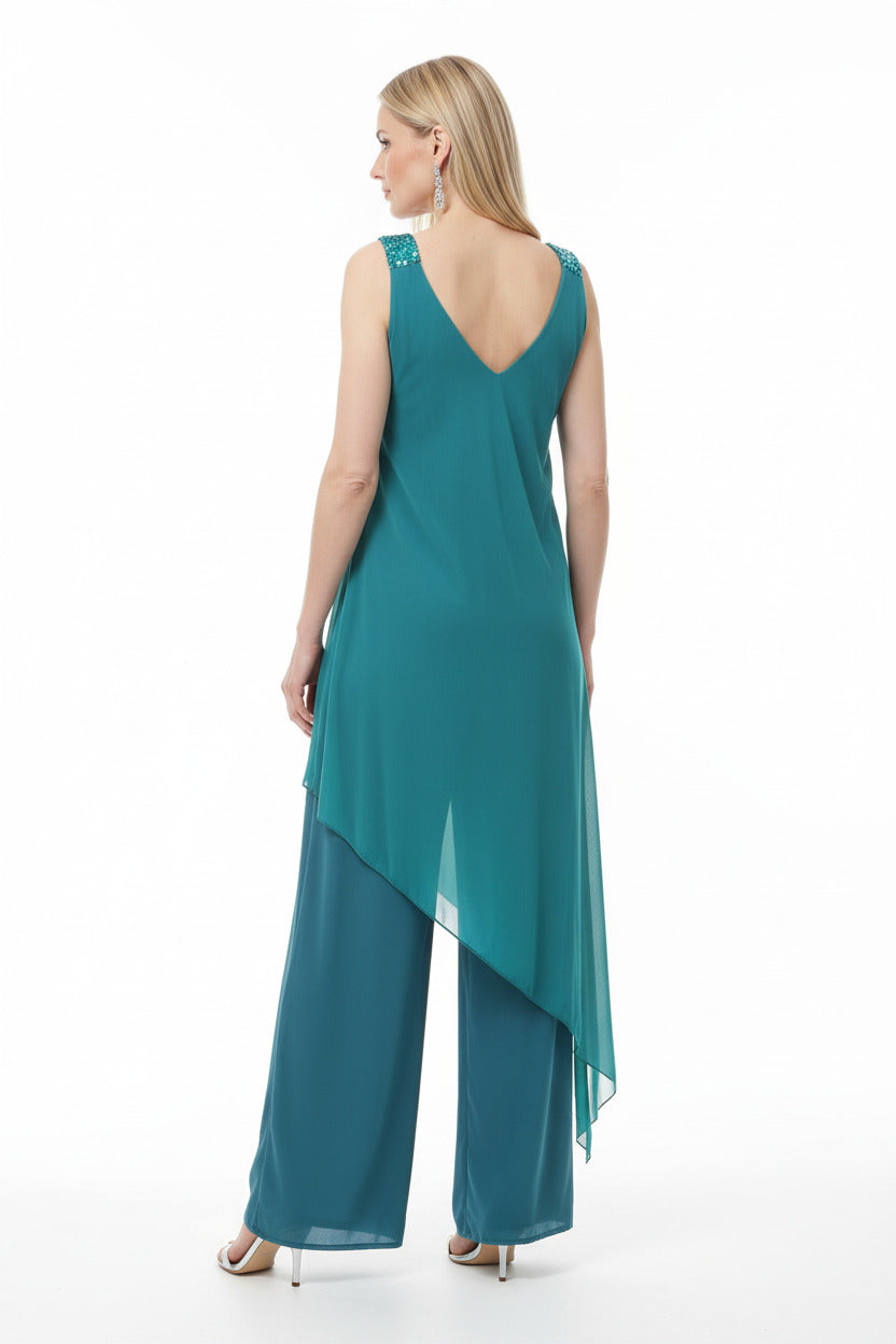 espalda mono elegante para boda con lentejuelas y capa de tul tirantes de verde