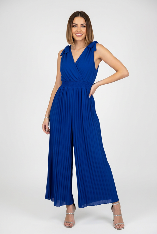 mono de fiesta palazzo pantalón plisado azul