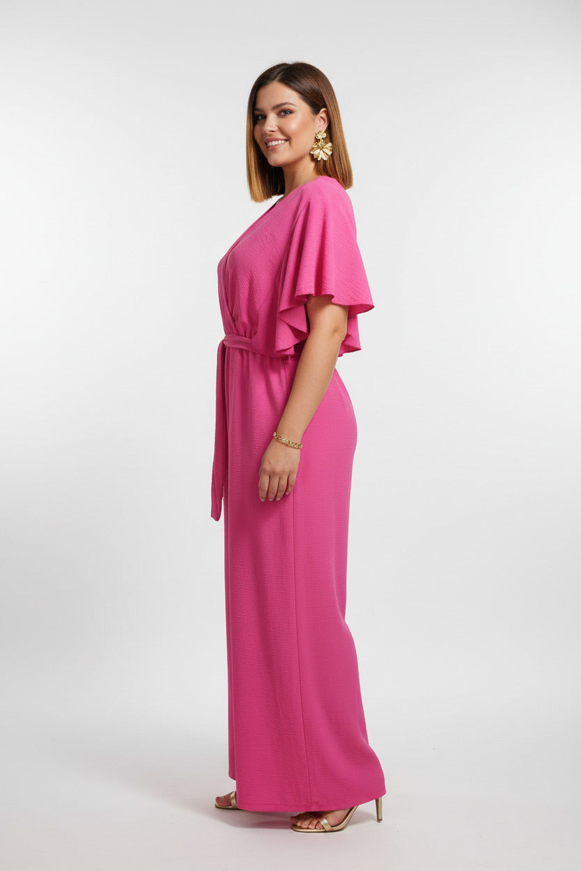 lateral mono largo con manga de volante color fucsia