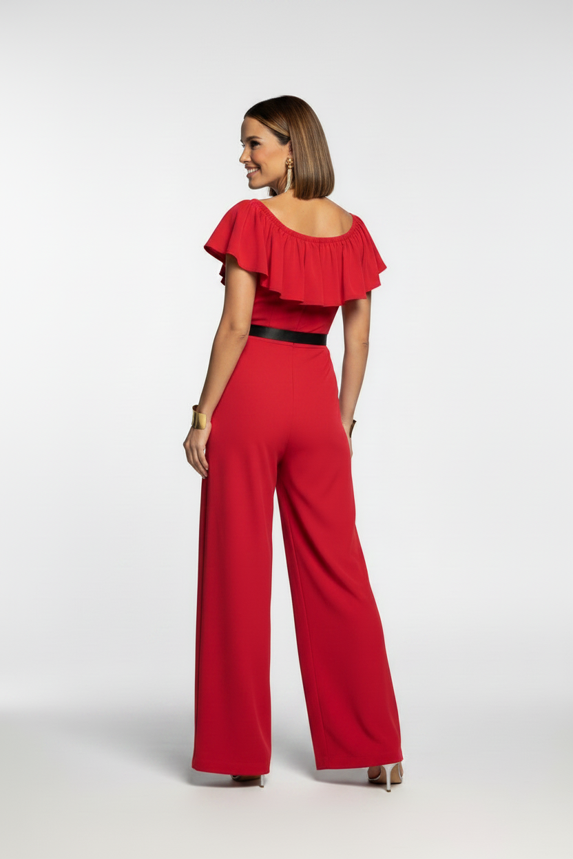 espalda mono de fiesta elegante con escote de volante rojo