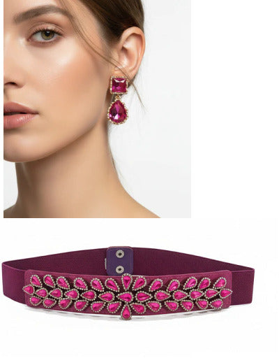 pack de pendientes y cinturón a juego con pedrería fucsia