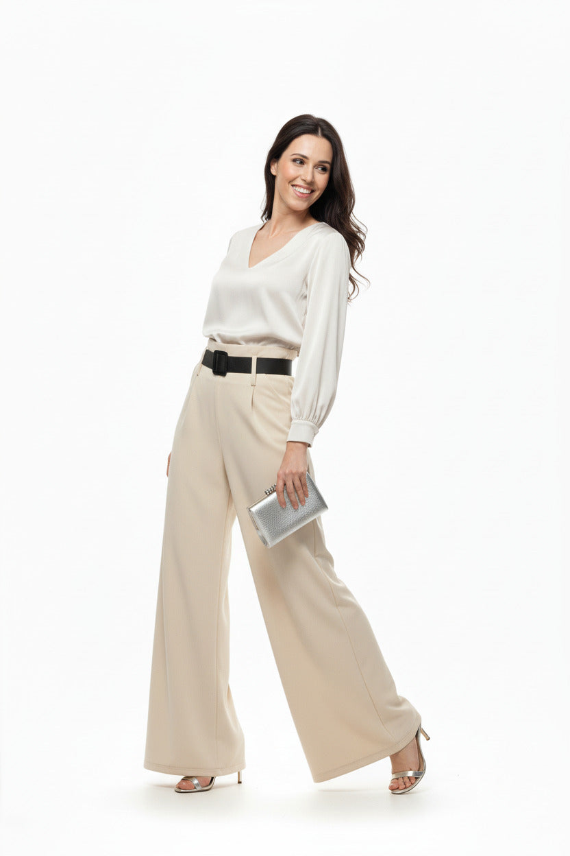 Pantalón con Cinturón Elegante Beige U (36 38 40)