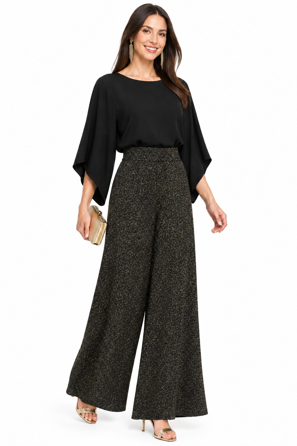Pantalón palazzo jaspeado con brillo dorado sobre modelo, vista frontal