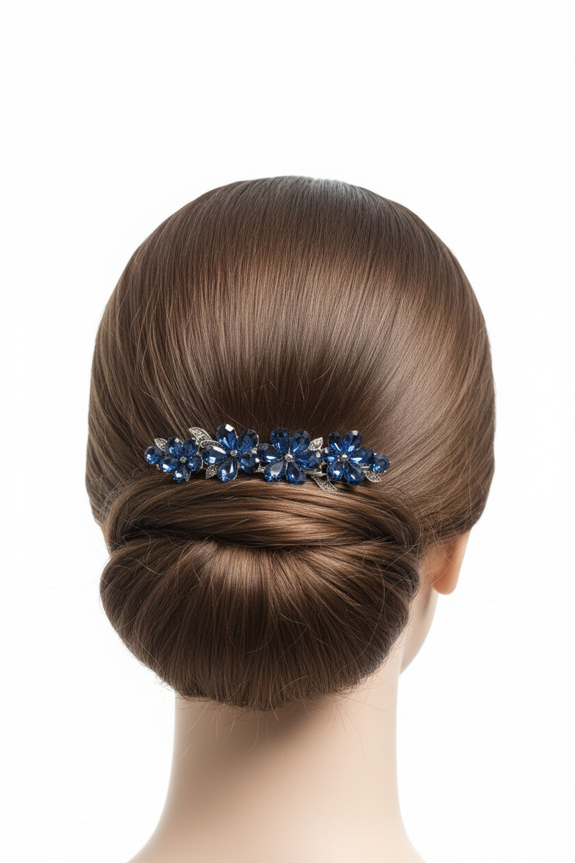 Pinza para el Pelo con Flores Azules de Pedrería Azul marino