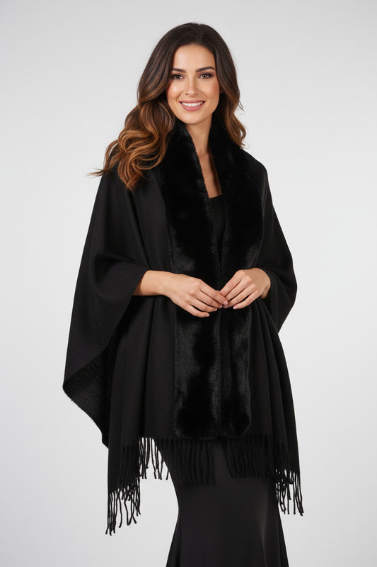 Pashmina negra con cuello de pelo