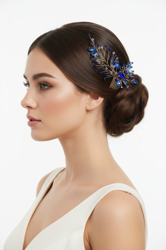 peineta dorada con pedrería azul
