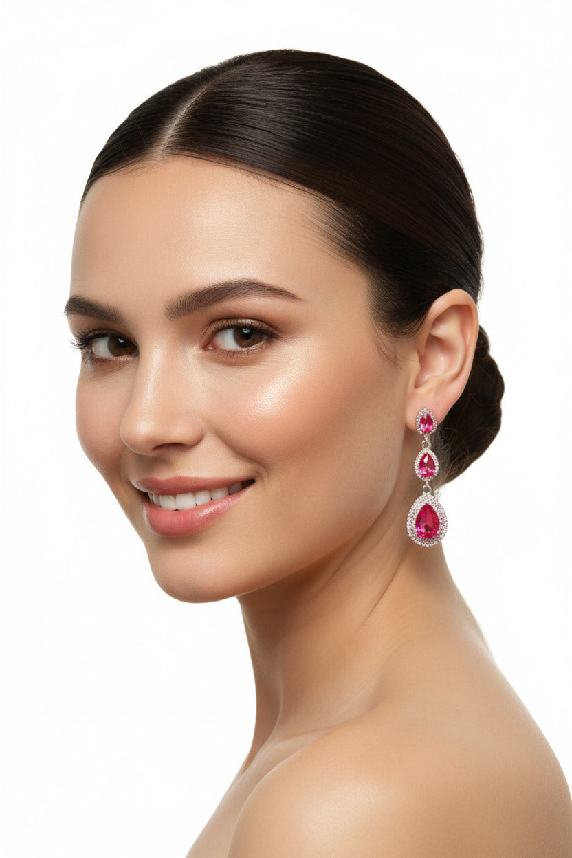 pendiente largo con pedrería fucsia para eventos