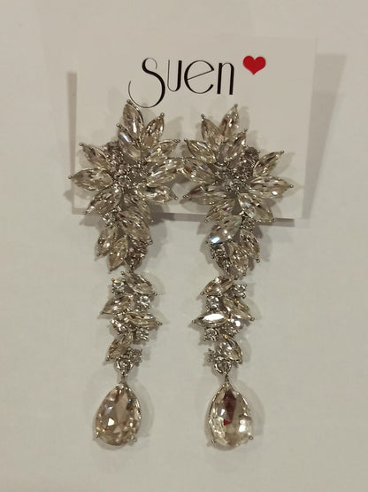 Pendientes Largos de Fiesta con Pedrería Plateada