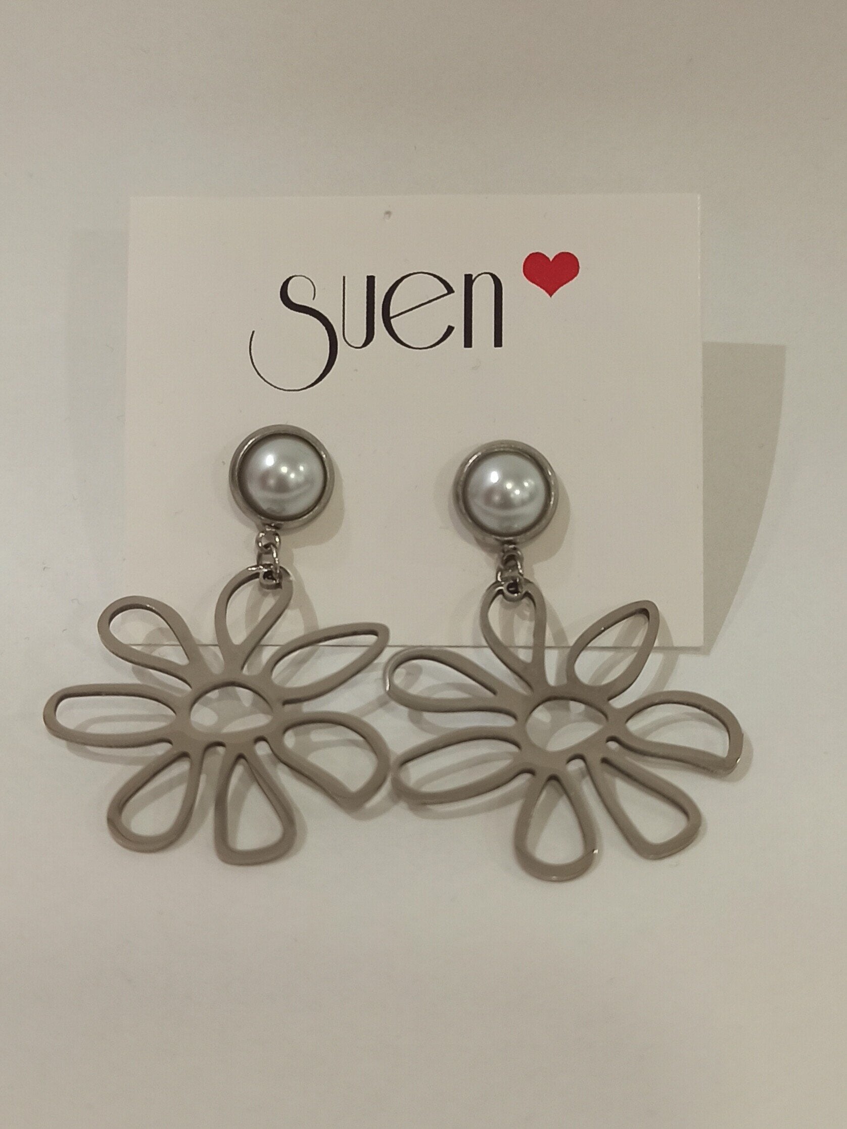 Pendientes largos con forma de flor Plateado