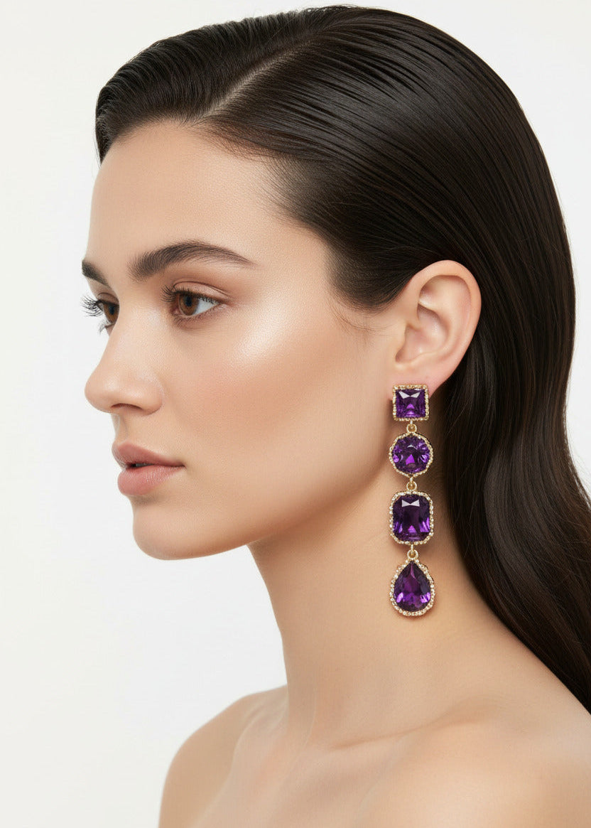 Pendientes Largos Morados con Cristales y Marco Dorado Morado