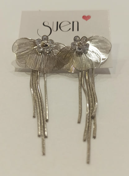 Pendientes largos plateados Flor y Abanico
