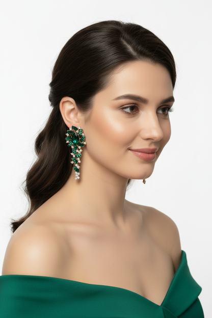 pendientes de fiesta largos de pedreria verde esmeralda
