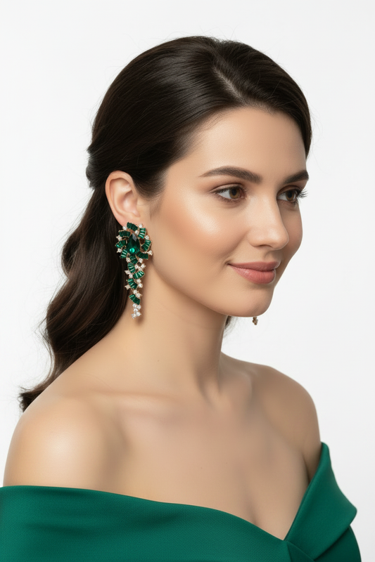 pendientes de fiesta largos de pedreria verde esmeralda