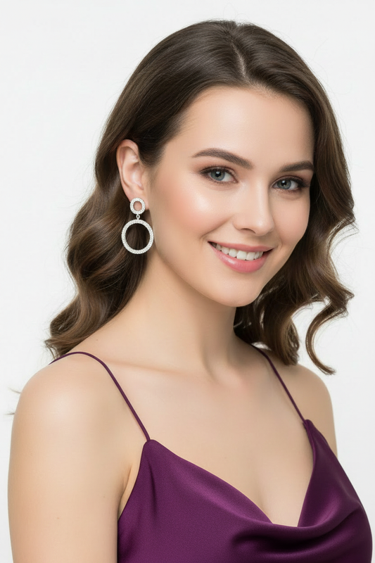 pendientes de fiesta largos plateados con strass en forma redonda
