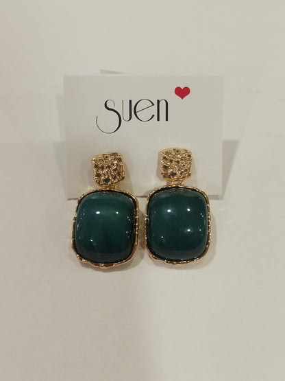 pendientes de fiesta largos dorados con pedreria verde sue