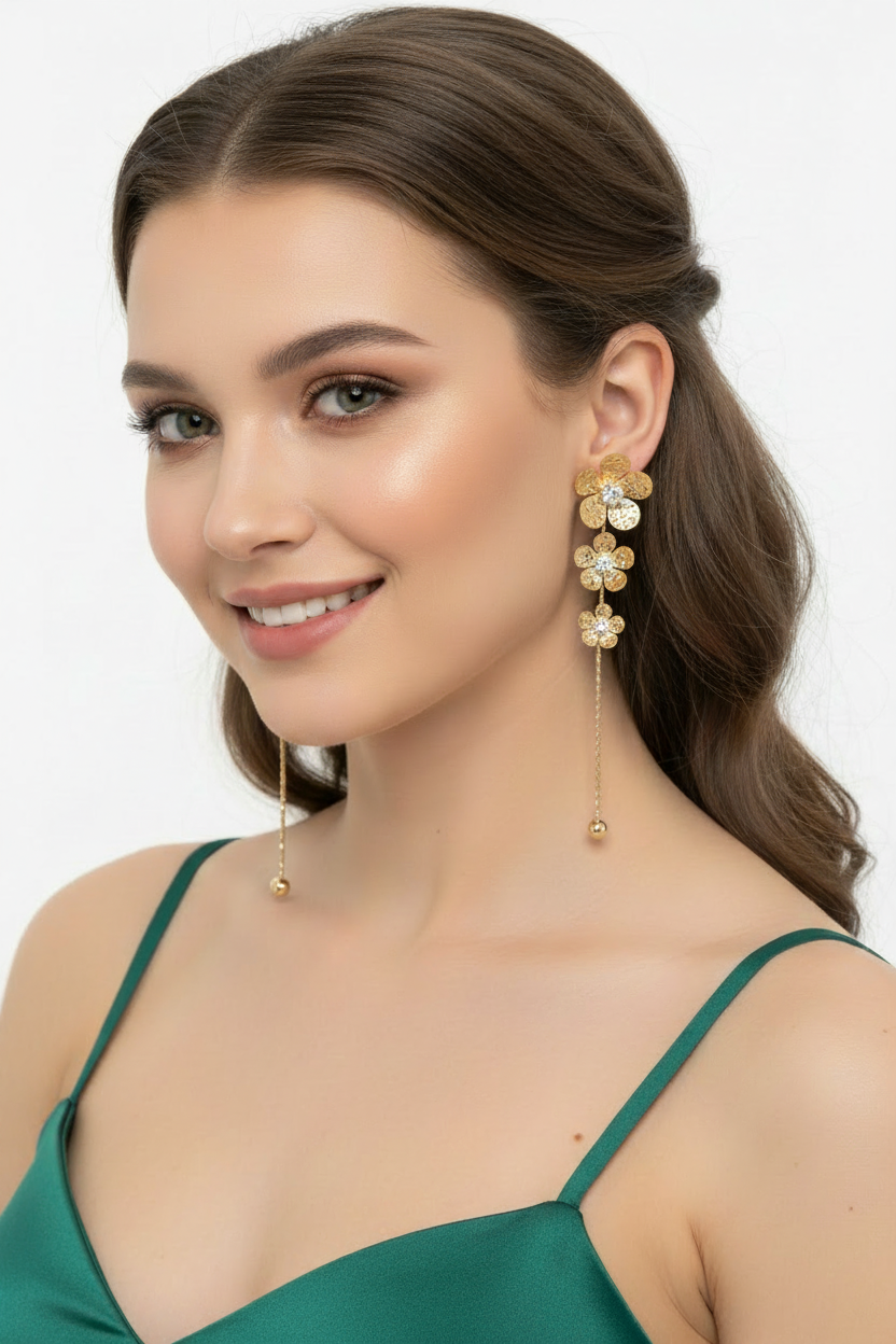 pendientes de fiesta largos dorados de flores