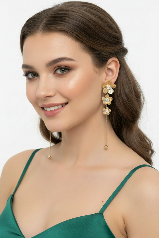pendientes de fiesta largos dorados de flores