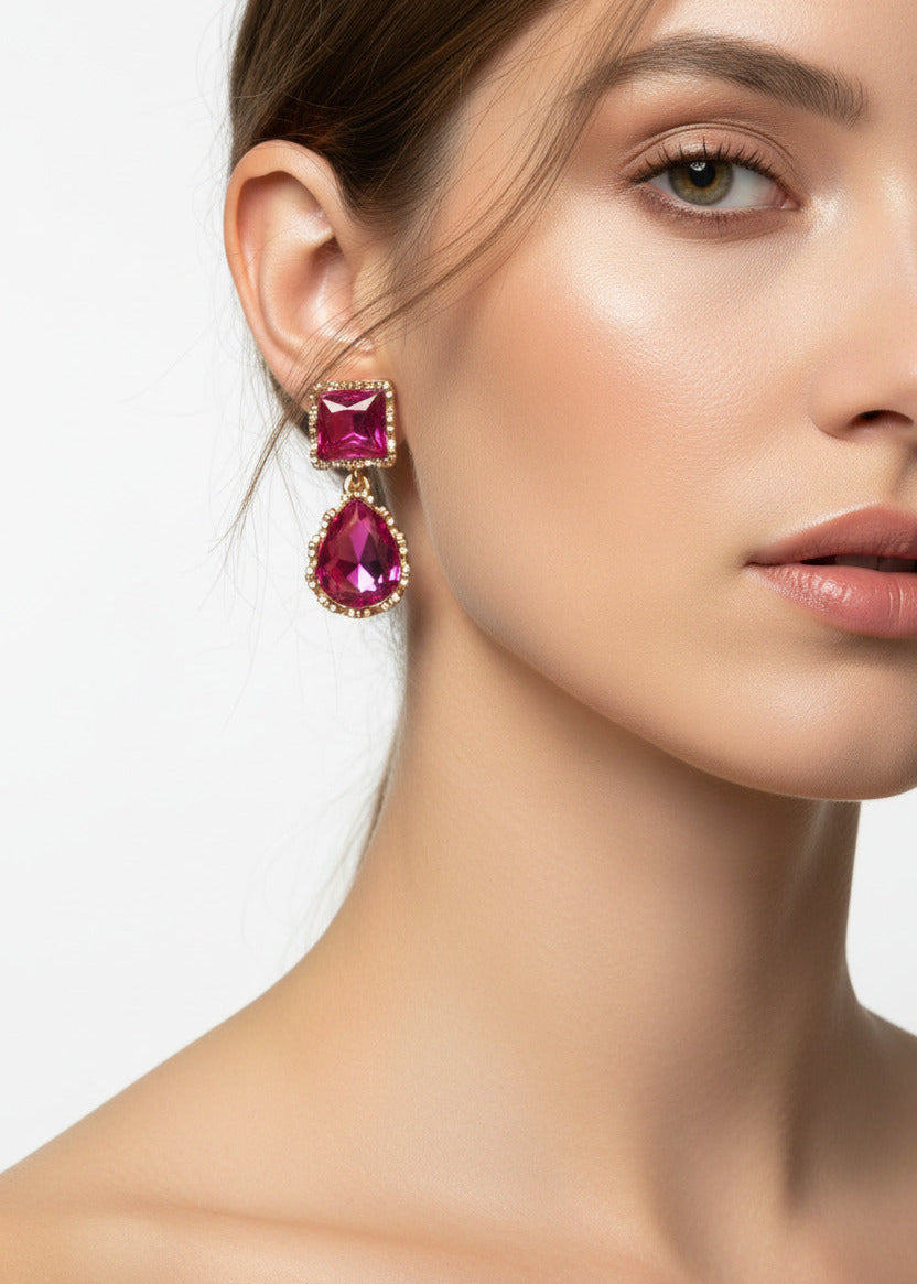 Pendientes Largos de Fiesta con Pedrería Fucsia Fucsia
