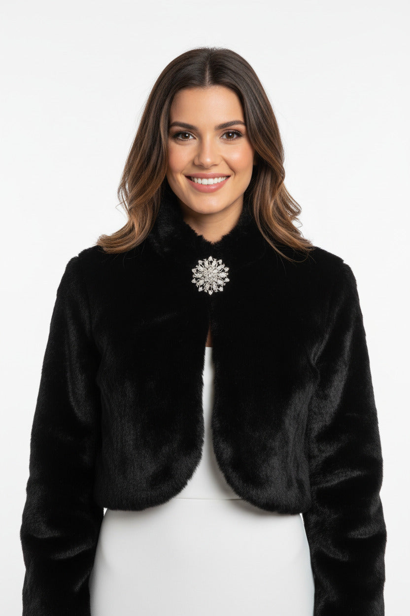 Torera de Pelo con Broche - Manga Larga para Invitadas Negro U (36 38)