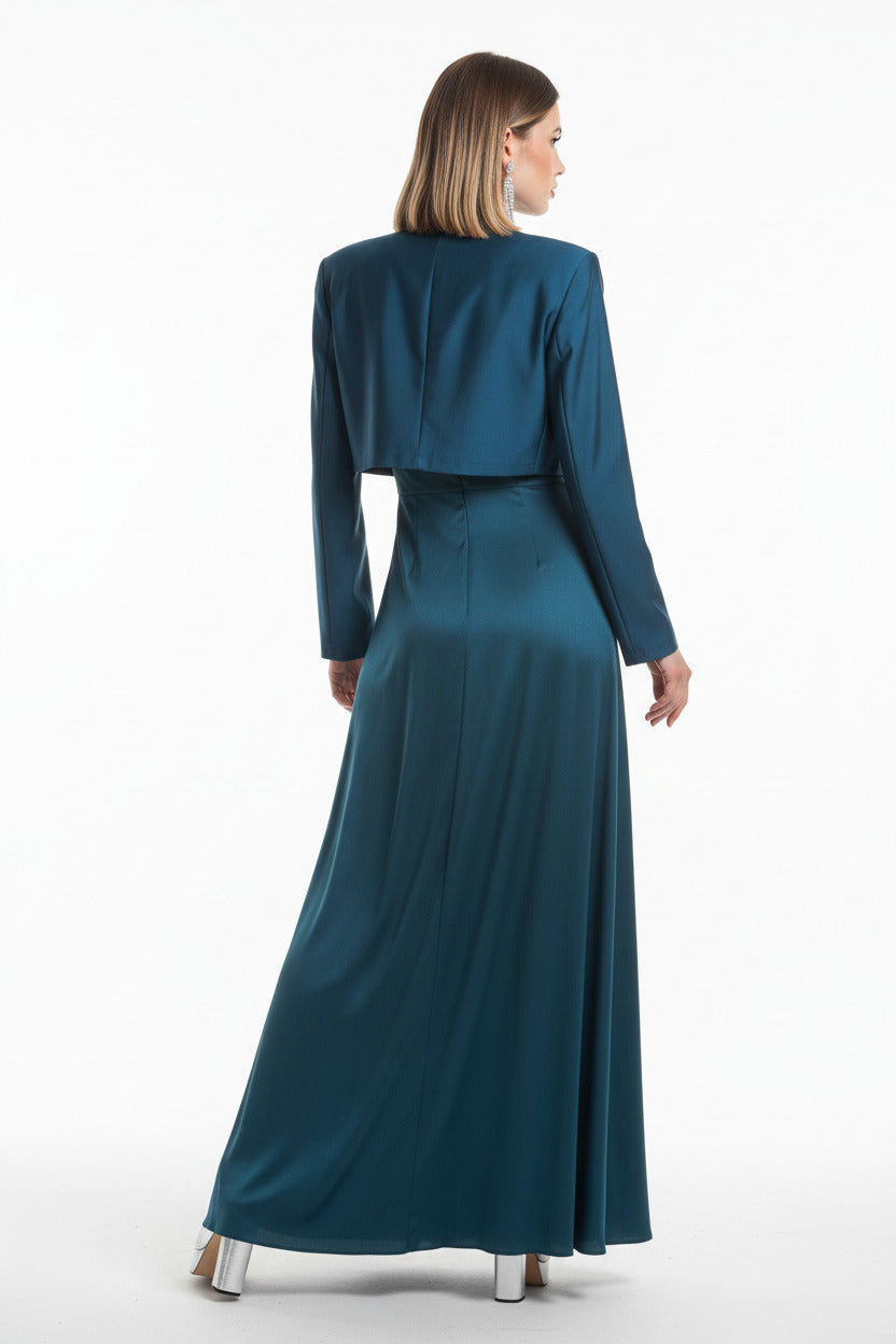 espalda torera de fiesta satinada para vestidos verde azulado