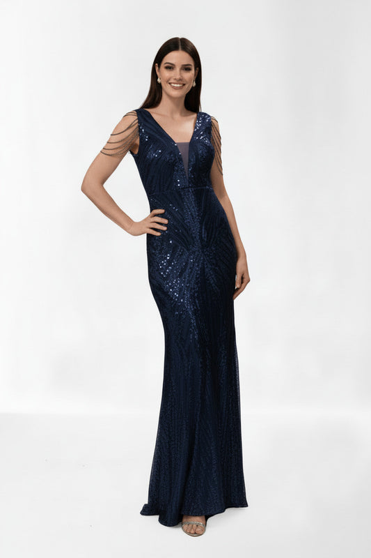Vestido de Fiesta Sirena Aliste-con Lentejuelas y Pedrería Azul marino M L (38 40)