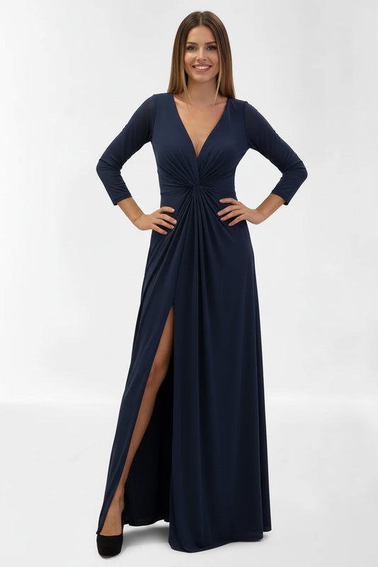 Vestido de Fiesta Largo Guilin - Manga Francesa y Nudo Cruzado Azul marino 95% poliéster 5%elastan