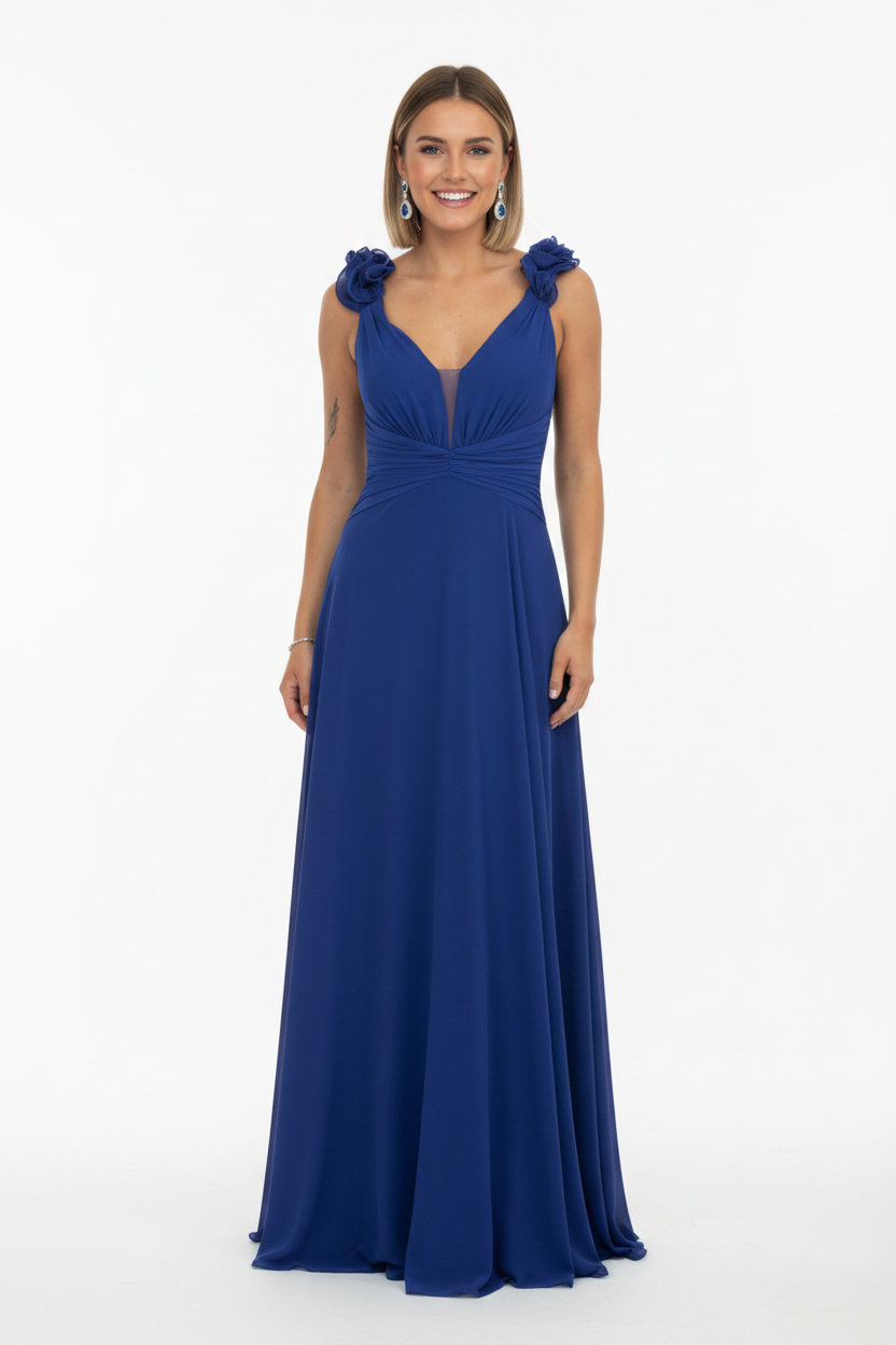 vestido de fiesta largo para boda azul con abertura en la falda