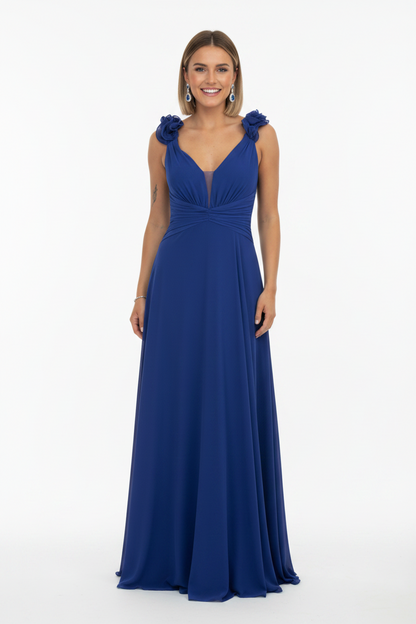vestido de fiesta largo para boda azul con abertura en la falda
