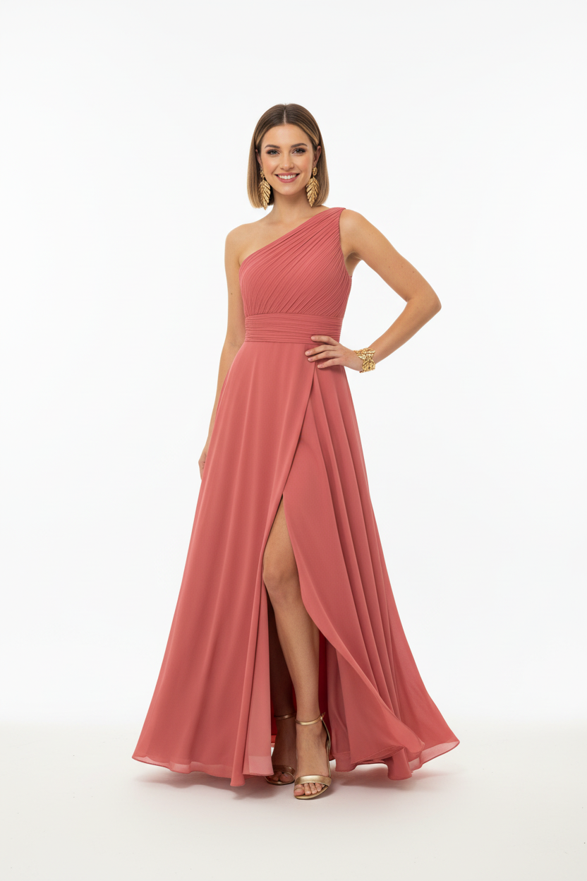 escote vestido de fiesta largo con escote asimétrico y abertura en la falda rosado