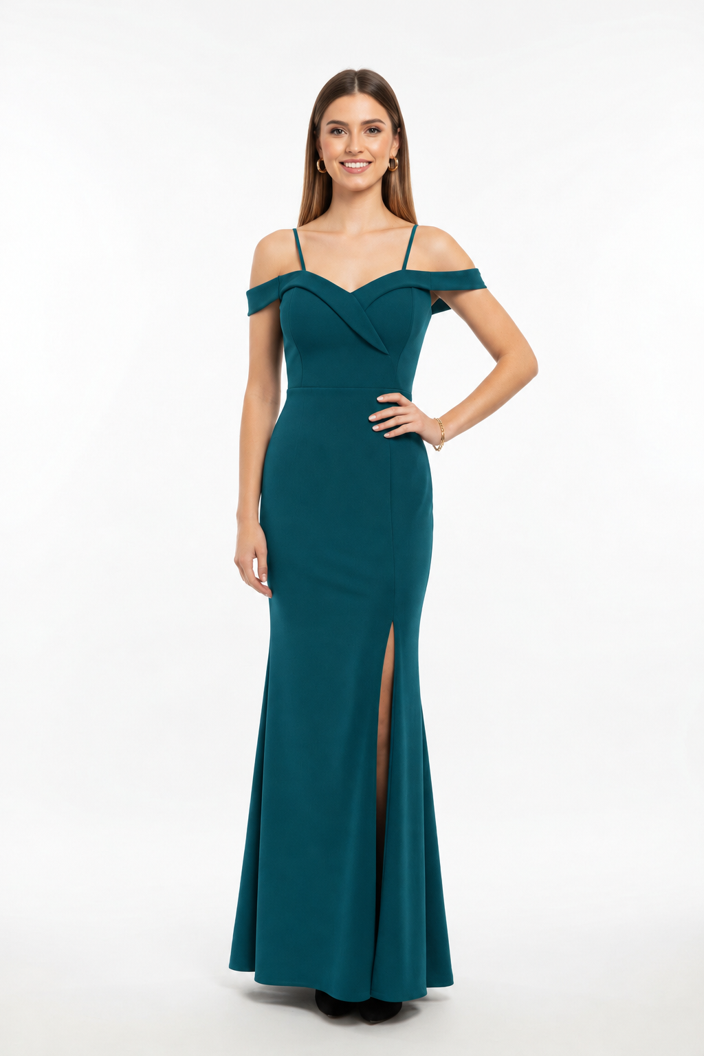 vestido fiesta estilo sirena escote bardot verde azulado