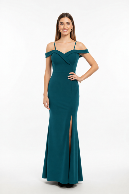 vestido fiesta estilo sirena escote bardot verde azulado