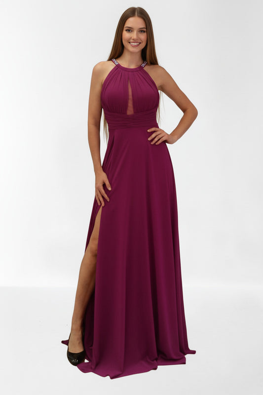 Vestido Largo Fiesta Pisa - Escote Halter con Pedrería y Abertura Magenta
