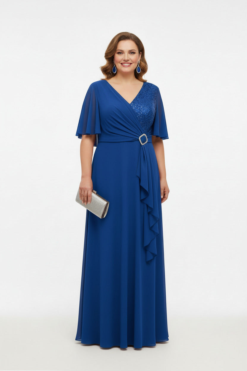 Vestido de Fiesta Largo Guadix-Talla Grande con Manga, Encaje y Brillos