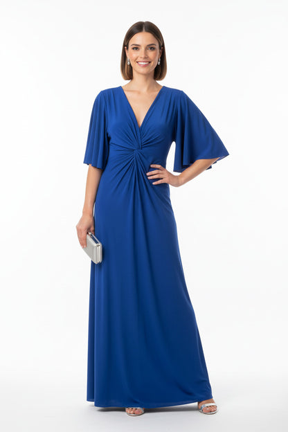 vestido de fiesta largo azul con manga corta y nudo cruzado en el escote 