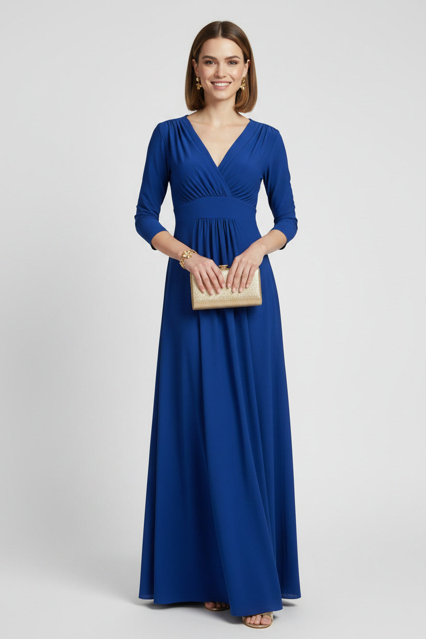 vestido de fiesta largo con manga tres quartos azul