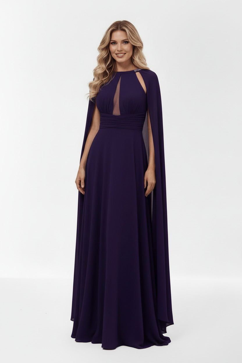 Vestido de Fiesta Largo Male - Escote Halter con Capa y Pedrería Morado -Vista frontal