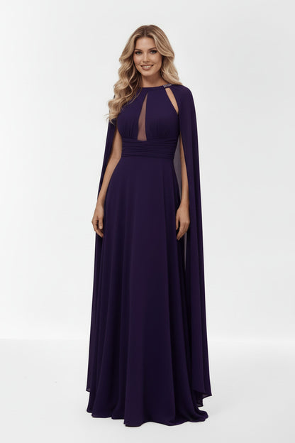 Vestido de Fiesta Largo Male - Escote Halter con Capa y Pedrería Morado -Vista frontal