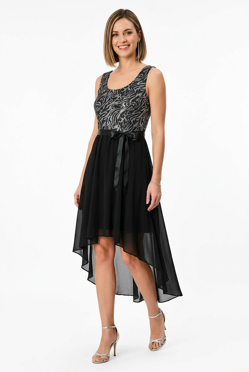 vestido de fiesta corto con cola negro con plata