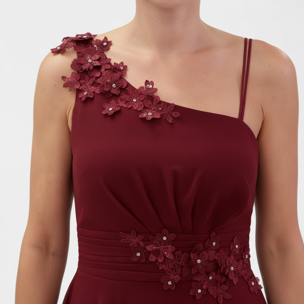 Vestido de Fiesta Corto Jumilla - Escote Asimétrico con Flores de Encaje