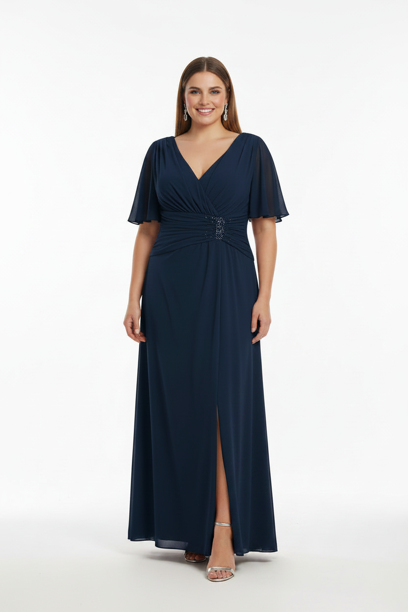 vestido de fiesta largo con manga azul marino